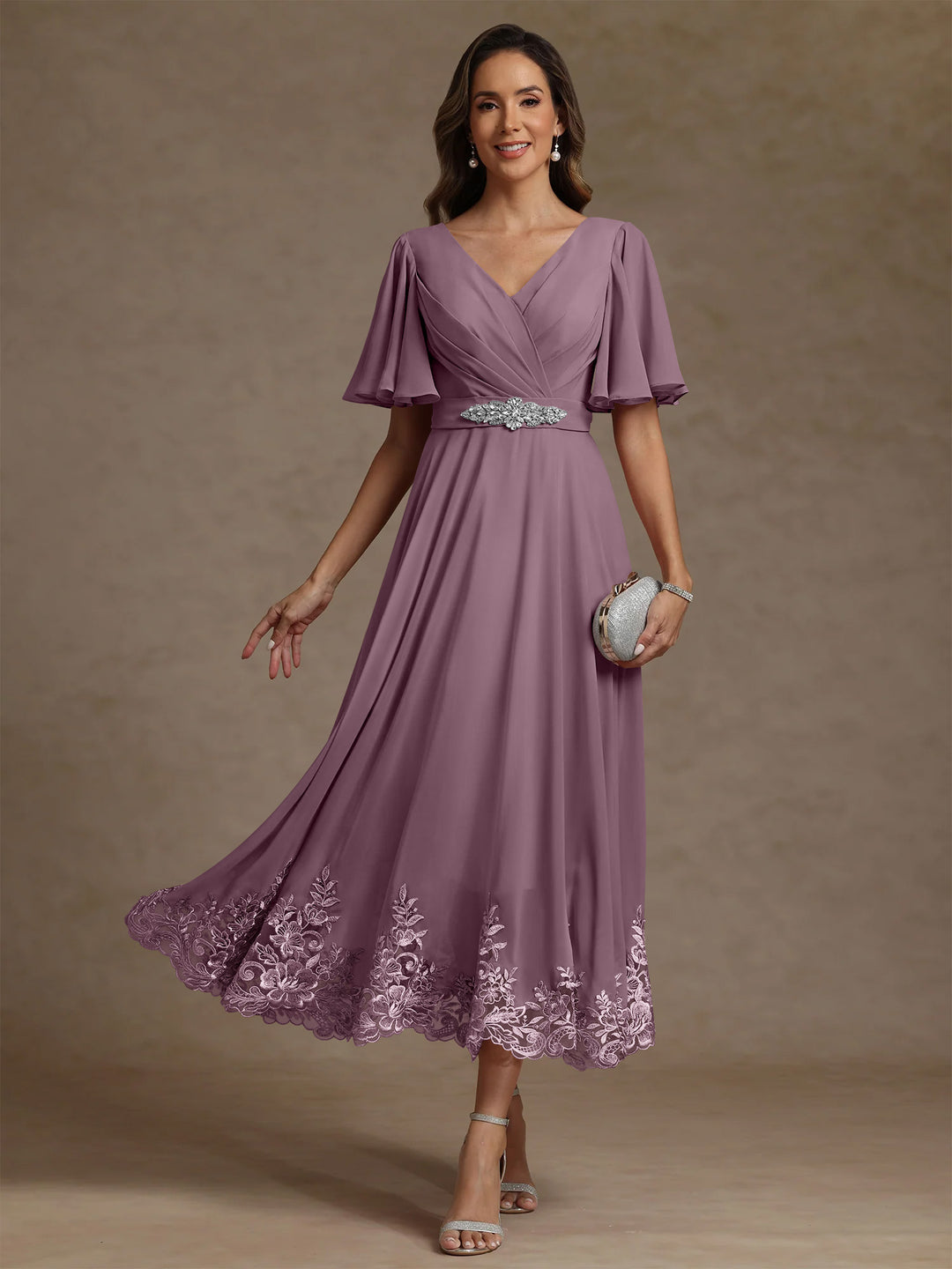 A-Line/Princess V Neck Mother of the Bride Dresses Short Sleeves Chiffon Lace Tea Length with Sash