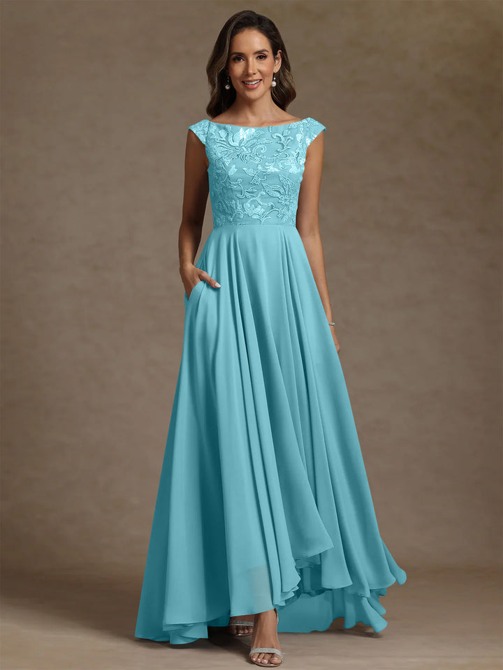 A-Line/Princess Scoop Chiffon Mother of the Bride Dresses Lace Sequins Floor-Length Sleeveless Pleated