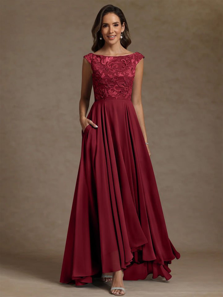 A-Line/Princess Scoop Chiffon Mother of the Bride Dresses Lace Sequins Floor-Length Sleeveless Pleated