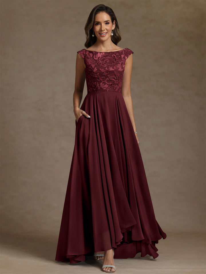 A-Line/Princess Scoop Chiffon Mother of the Bride Dresses Lace Sequins Floor-Length Sleeveless Pleated