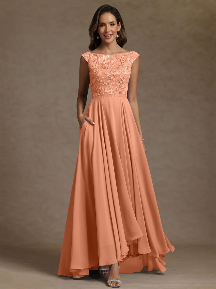 A-Line/Princess Scoop Chiffon Mother of the Bride Dresses Lace Sequins Floor-Length Sleeveless Pleated