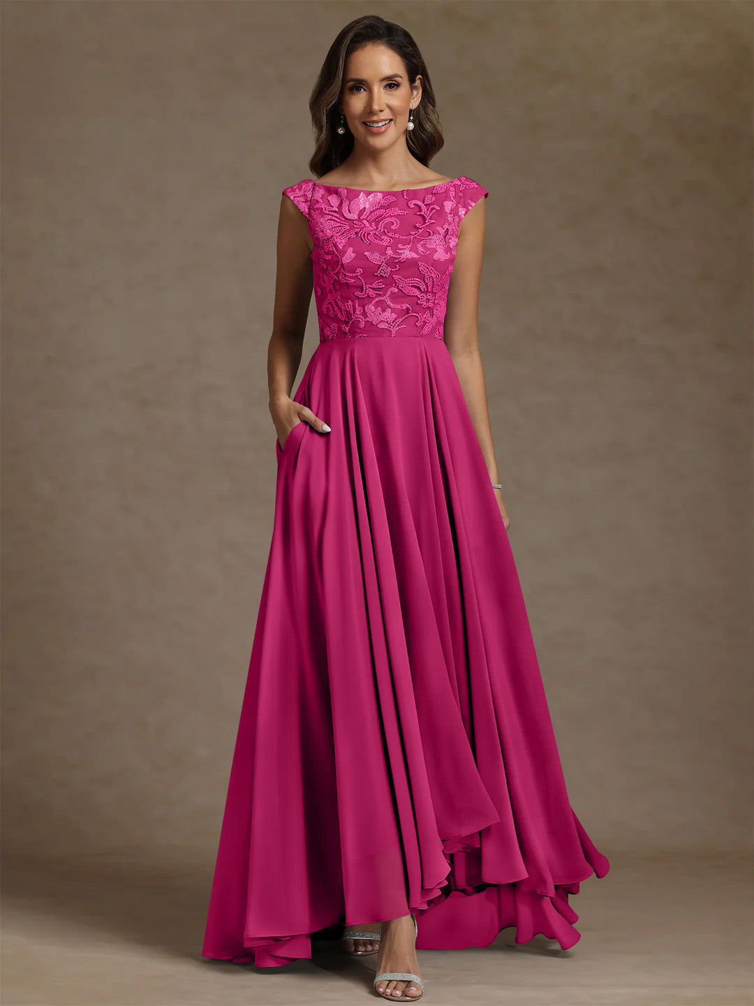 A-Line/Princess Scoop Chiffon Mother of the Bride Dresses Lace Sequins Floor-Length Sleeveless Pleated