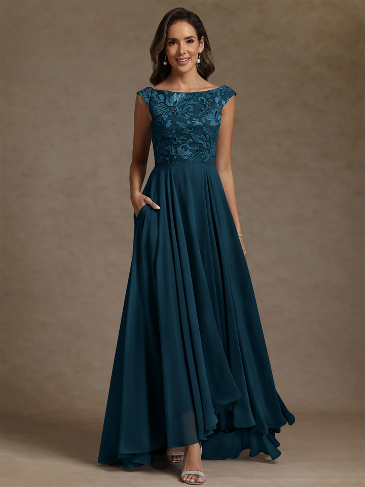 A-Line/Princess Scoop Chiffon Mother of the Bride Dresses Lace Sequins Floor-Length Sleeveless Pleated