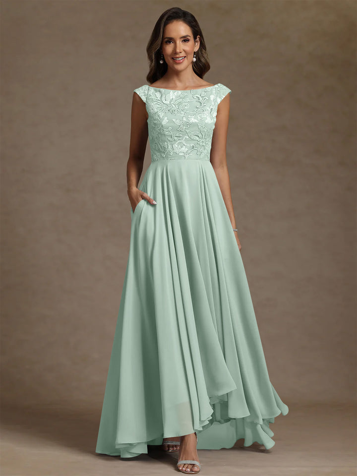 A-Line/Princess Scoop Chiffon Mother of the Bride Dresses Lace Sequins Floor-Length Sleeveless Pleated