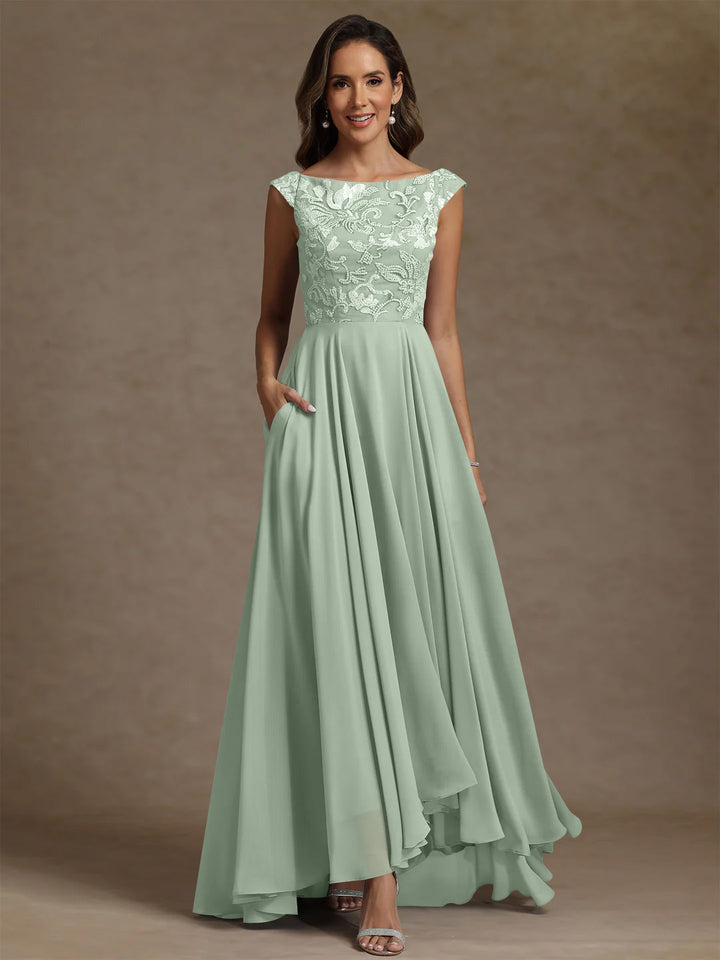 A-Line/Princess Scoop Chiffon Mother of the Bride Dresses Lace Sequins Floor-Length Sleeveless Pleated