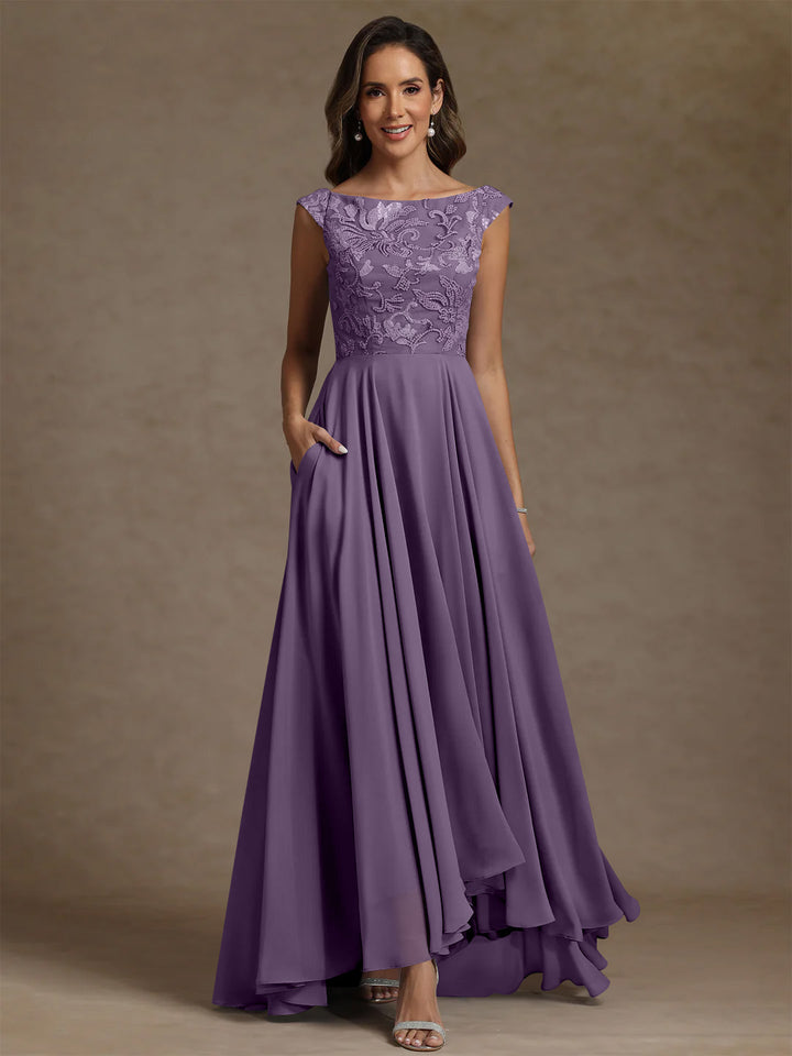 A-Line/Princess Scoop Chiffon Mother of the Bride Dresses Lace Sequins Floor-Length Sleeveless Pleated