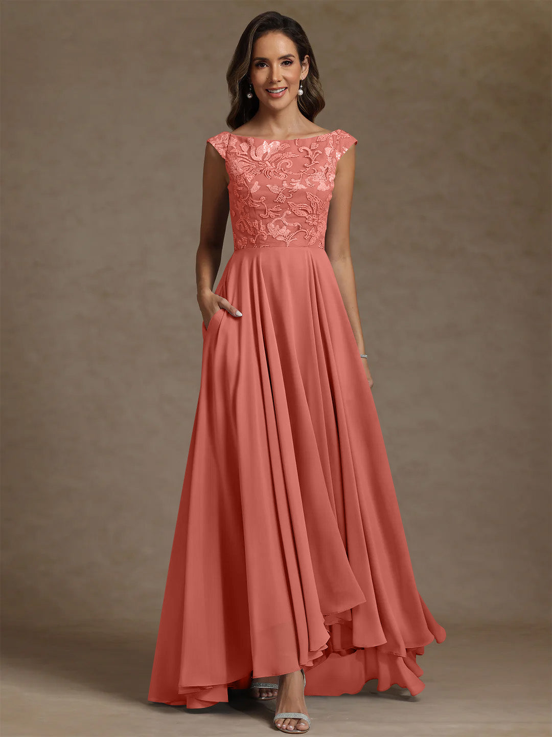 A-Line/Princess Scoop Chiffon Mother of the Bride Dresses Lace Sequins Floor-Length Sleeveless Pleated