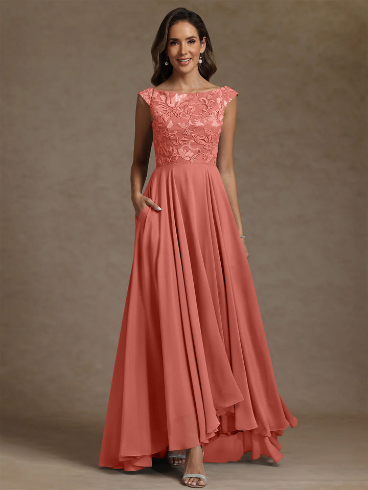 A-Line/Princess Scoop Chiffon Mother of the Bride Dresses Lace Sequins Floor-Length Sleeveless Pleated