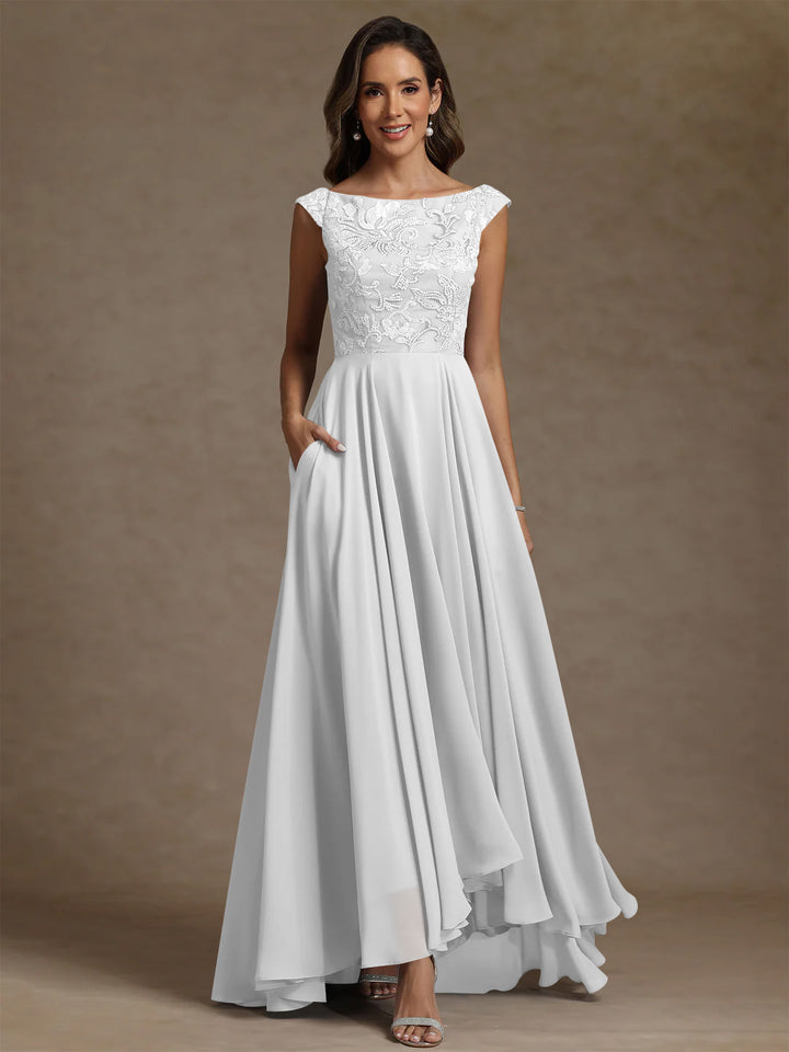 A-Line/Princess Scoop Chiffon Mother of the Bride Dresses Lace Sequins Floor-Length Sleeveless Pleated