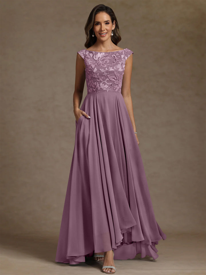 A-Line/Princess Scoop Chiffon Mother of the Bride Dresses Lace Sequins Floor-Length Sleeveless Pleated