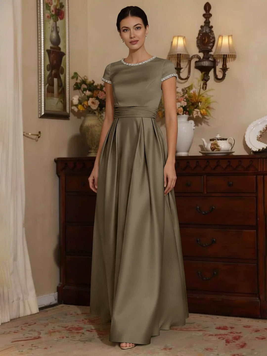 A-Line/Princess Silk Satin Jewel Neck Mother ofthe Bride Dresses Floor Length Short Sleeves Rhinestone
