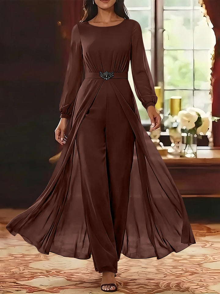 Jumpsuit Scoop Chiffon Mother of the Bride Jumpsuit with Overskirt Ankle-Length Long Sleeves