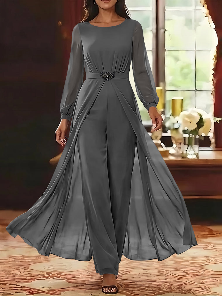 Jumpsuit Scoop Chiffon Mother of the Bride Jumpsuit with Overskirt Ankle-Length Long Sleeves