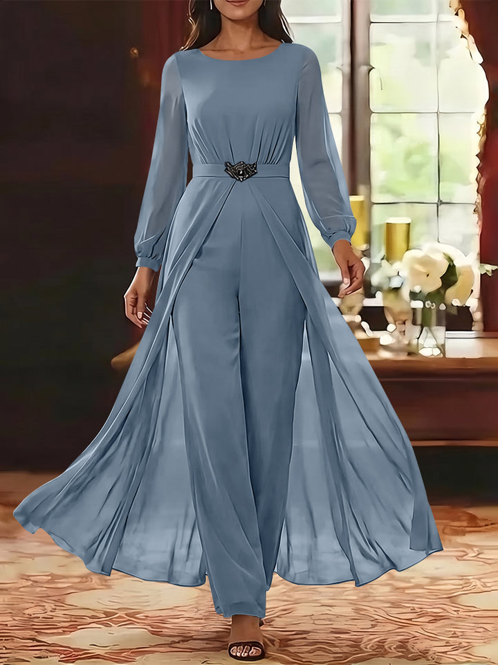 Jumpsuit Scoop Chiffon Mother of the Bride Jumpsuit with Overskirt Ankle-Length Long Sleeves