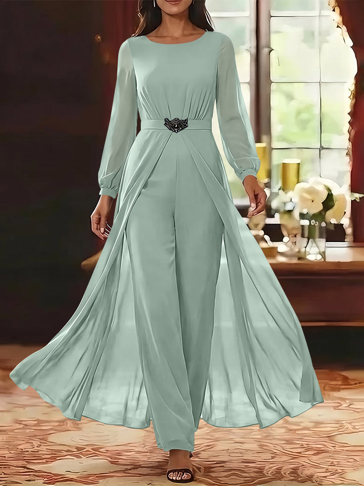 Jumpsuit Scoop Chiffon Mother of the Bride Jumpsuit with Overskirt Ankle-Length Long Sleeves