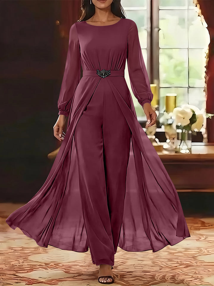 Jumpsuit Scoop Chiffon Mother of the Bride Jumpsuit with Overskirt Ankle-Length Long Sleeves