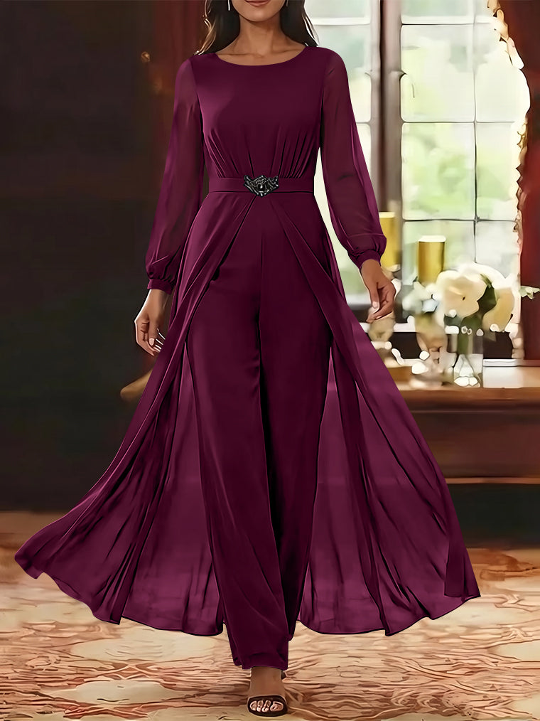 Jumpsuit Scoop Chiffon Mother of the Bride Jumpsuit with Overskirt Ankle-Length Long Sleeves