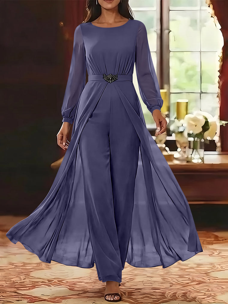 Jumpsuit Scoop Chiffon Mother of the Bride Jumpsuit with Overskirt Ankle-Length Long Sleeves