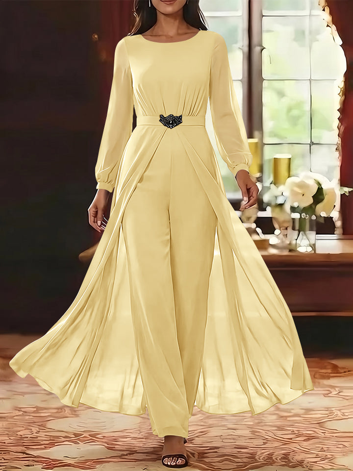 Jumpsuit Scoop Chiffon Mother of the Bride Jumpsuit with Overskirt Ankle-Length Long Sleeves