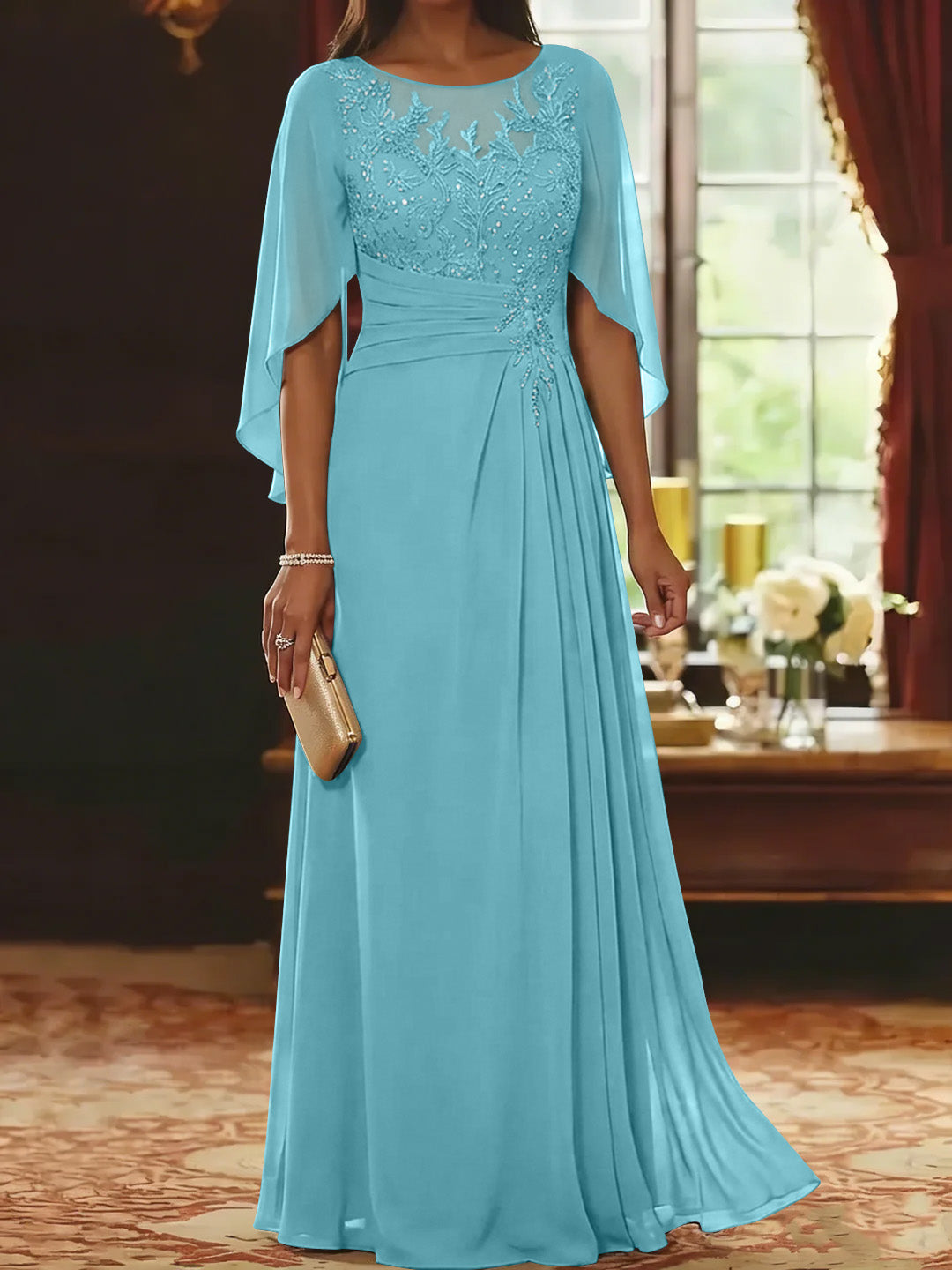 A-Line/Princess Scoop Chiffon Mother of the Bride Dresses Lace Half Sleeves Floor-Length