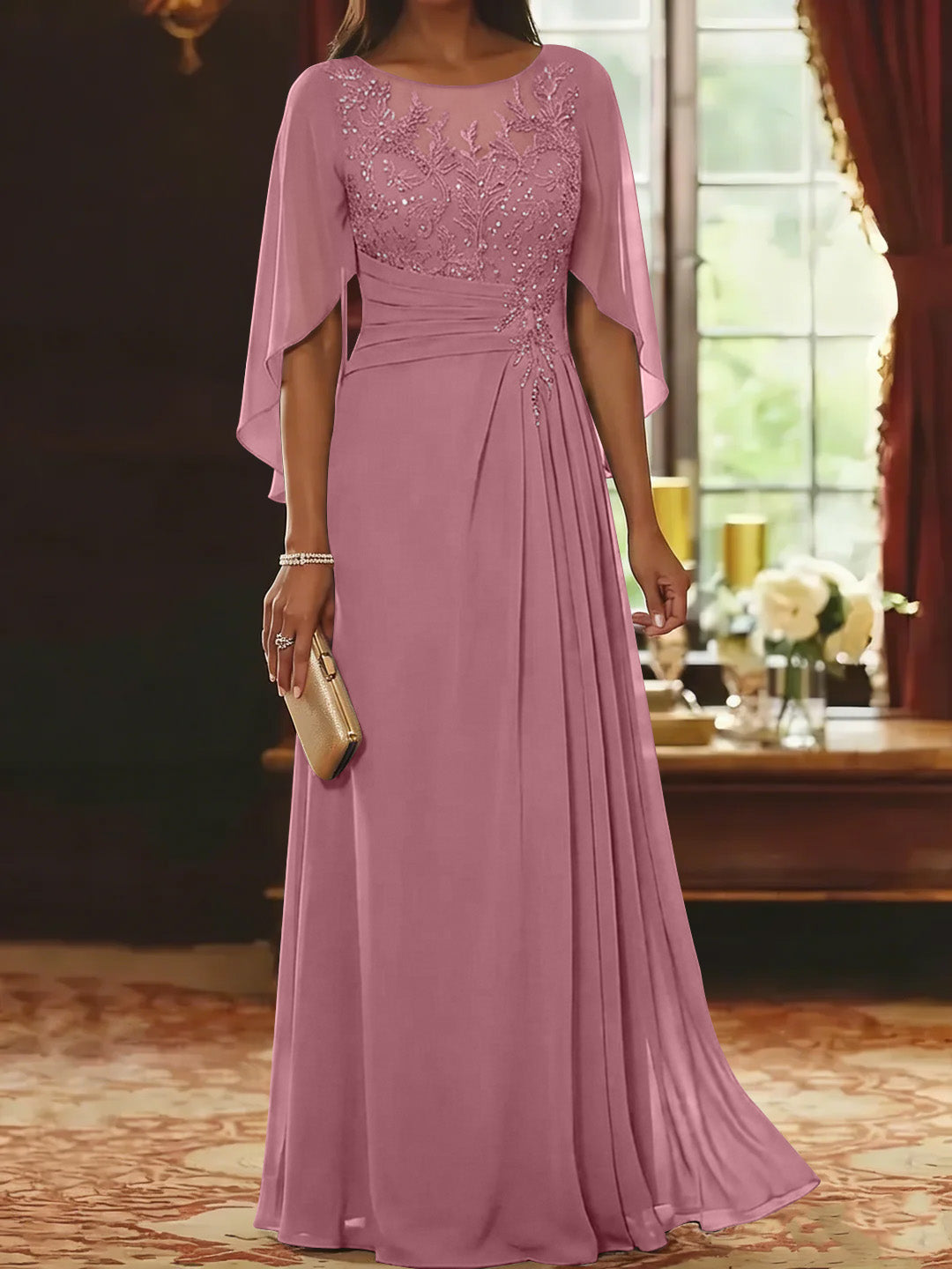 A-Line/Princess Scoop Chiffon Mother of the Bride Dresses Lace Half Sleeves Floor-Length