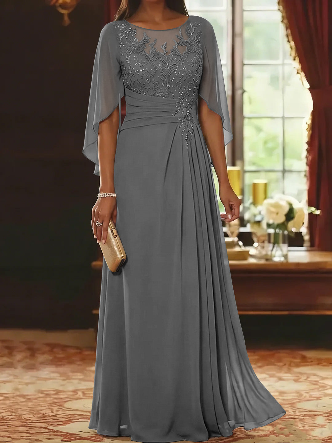 A-Line/Princess Scoop Chiffon Mother of the Bride Dresses Lace Half Sleeves Floor-Length
