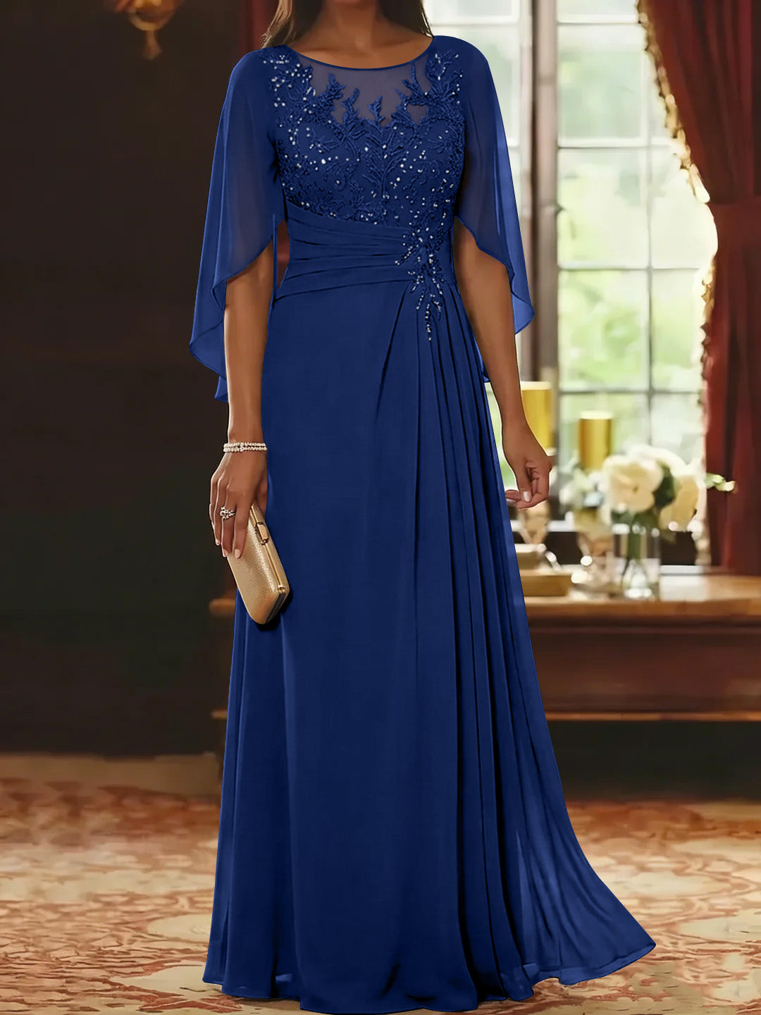 A-Line/Princess Scoop Chiffon Mother of the Bride Dresses Lace Half Sleeves Floor-Length