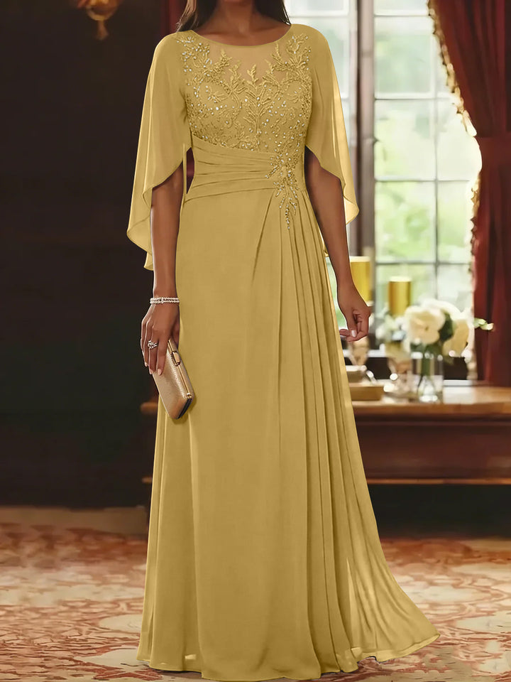 A-Line/Princess Scoop Chiffon Mother of the Bride Dresses Lace Half Sleeves Floor-Length