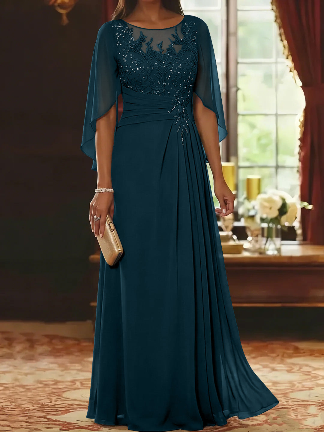 A-Line/Princess Scoop Chiffon Mother of the Bride Dresses Lace Half Sleeves Floor-Length