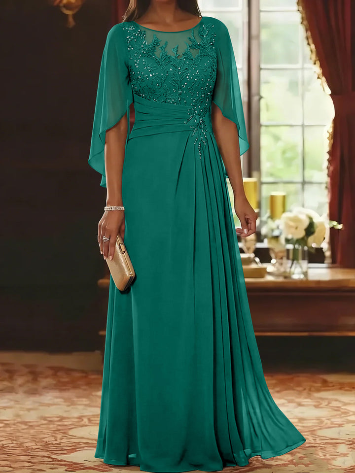 A-Line/Princess Scoop Chiffon Mother of the Bride Dresses Lace Half Sleeves Floor-Length