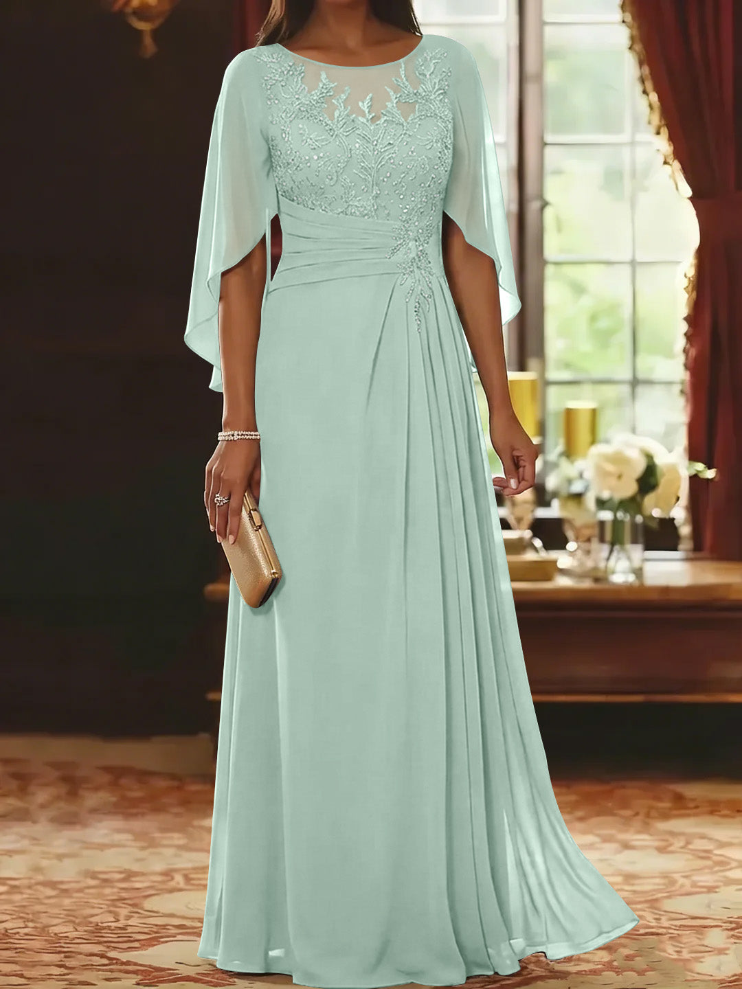 A-Line/Princess Scoop Chiffon Mother of the Bride Dresses Lace Half Sleeves Floor-Length