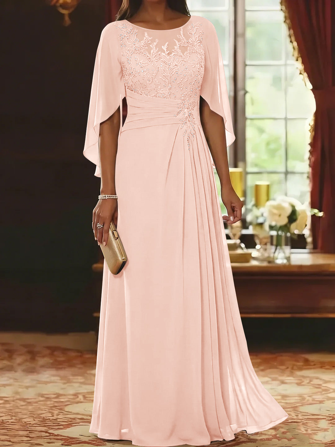 A-Line/Princess Scoop Chiffon Mother of the Bride Dresses Lace Half Sleeves Floor-Length