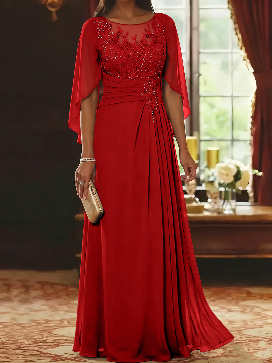A-Line/Princess Scoop Chiffon Mother of the Bride Dresses Lace Half Sleeves Floor-Length