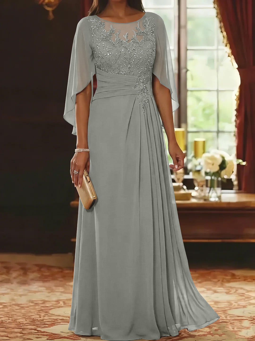 A-Line/Princess Scoop Chiffon Mother of the Bride Dresses Lace Half Sleeves Floor-Length