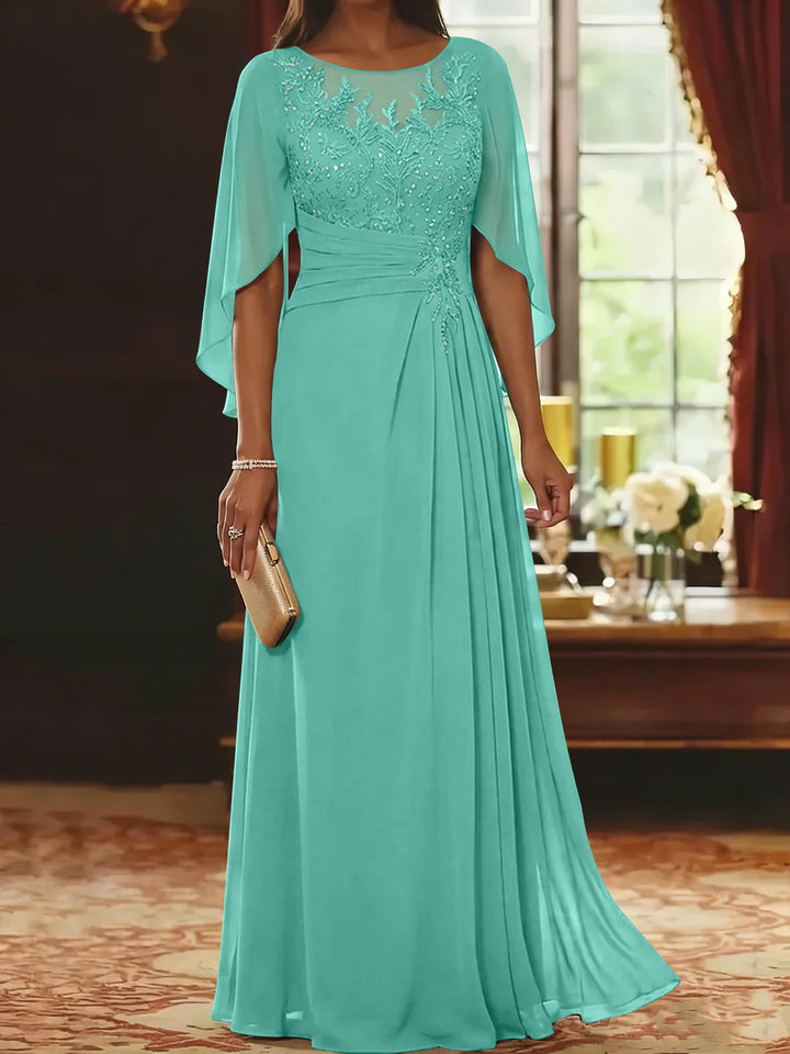 A-Line/Princess Scoop Chiffon Mother of the Bride Dresses Lace Half Sleeves Floor-Length