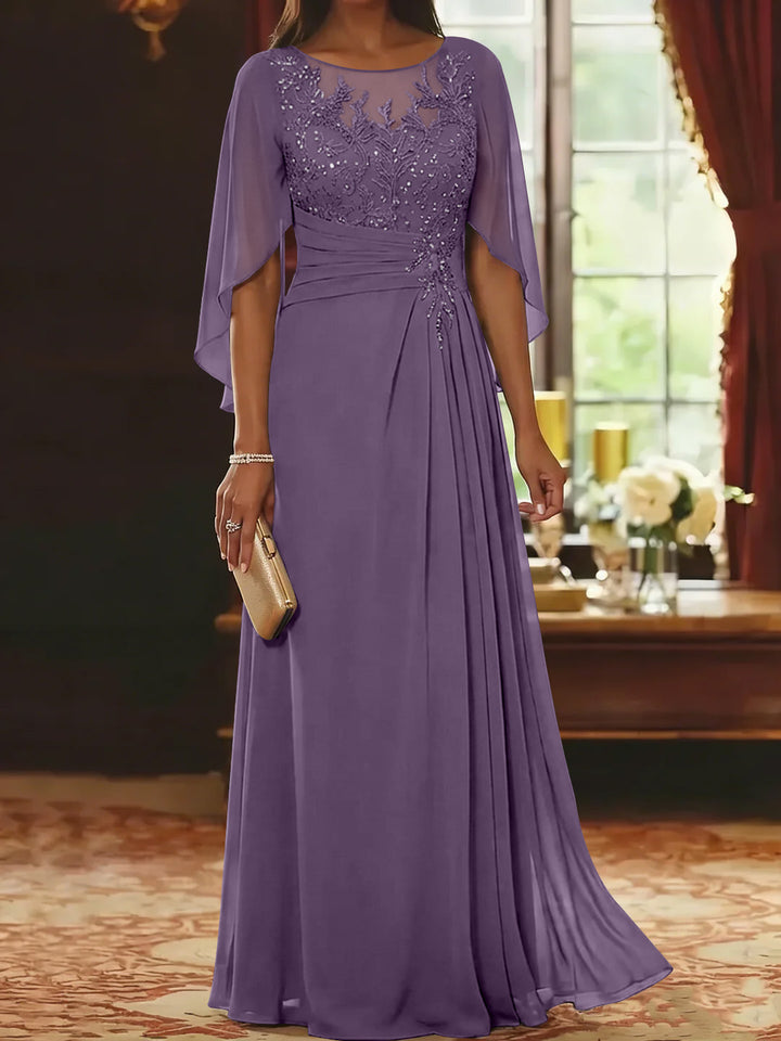 A-Line/Princess Scoop Chiffon Mother of the Bride Dresses Lace Half Sleeves Floor-Length