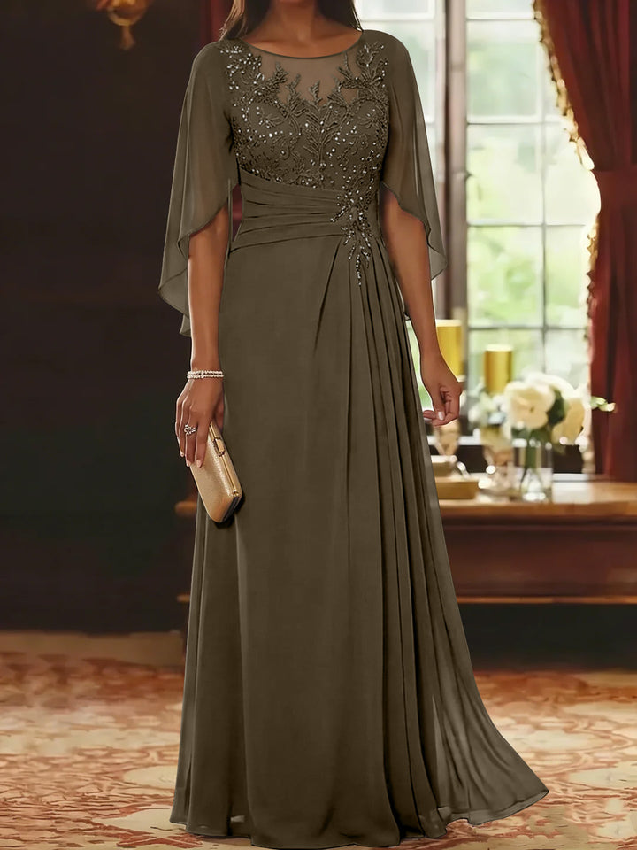 A-Line/Princess Scoop Chiffon Mother of the Bride Dresses Lace Half Sleeves Floor-Length