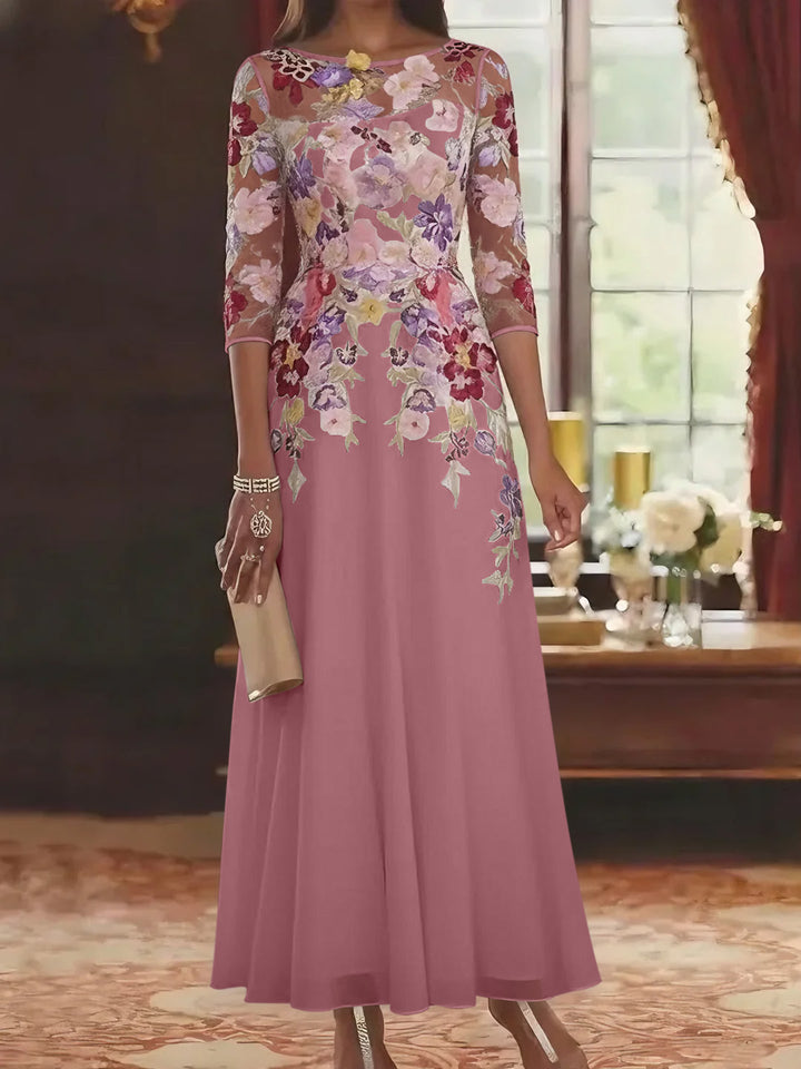 A-Line/Princess Scoop Chiffon Mother of the Bride Dresses Lace Floral Half Sleeves Ankle-Length