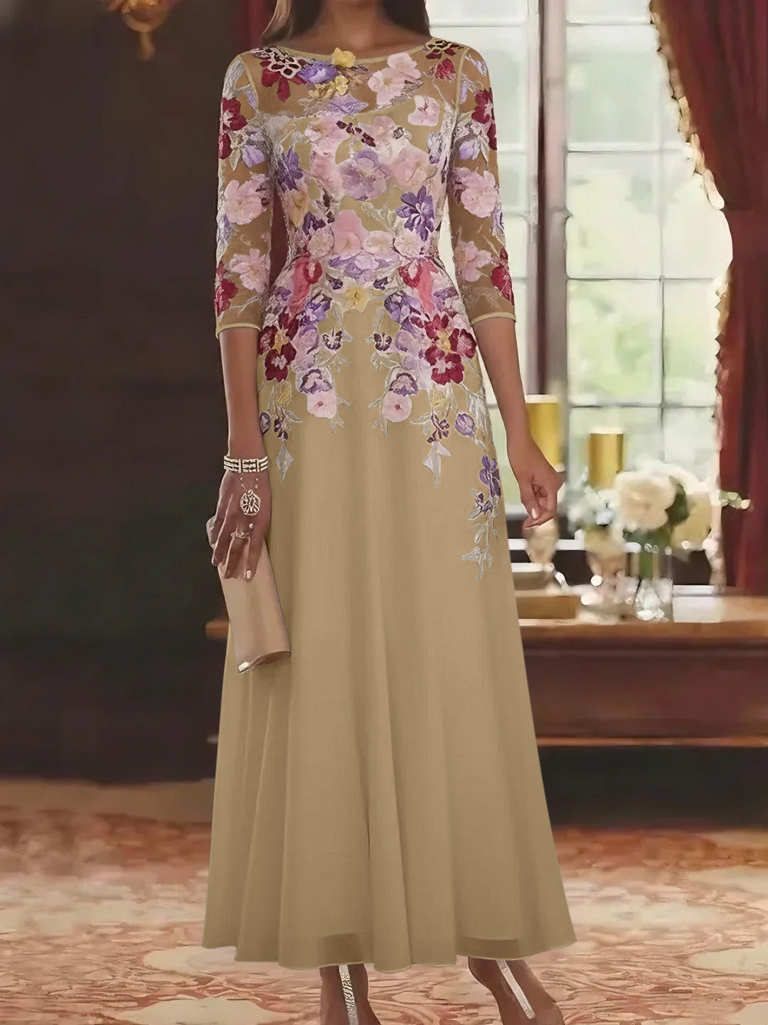 A-Line/Princess Scoop Chiffon Mother of the Bride Dresses Lace Floral Half Sleeves Ankle-Length