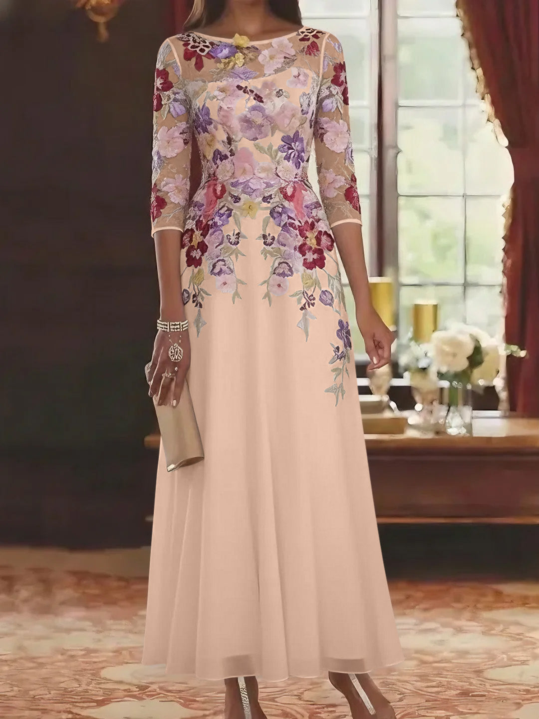 A-Line/Princess Scoop Chiffon Mother of the Bride Dresses Lace Floral Half Sleeves Ankle-Length