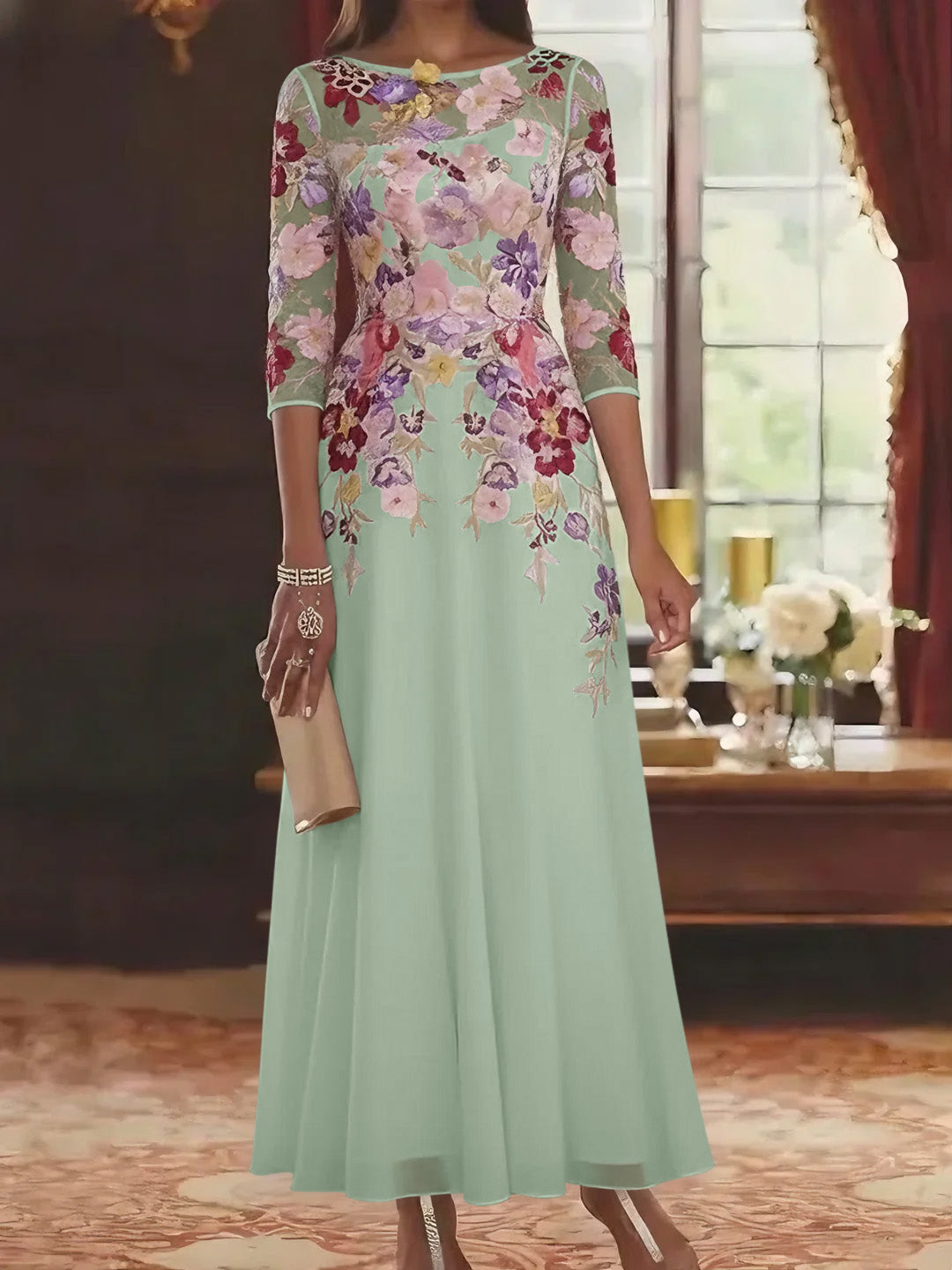 A-Line/Princess Scoop Chiffon Mother of the Bride Dresses Lace Floral Half Sleeves Ankle-Length