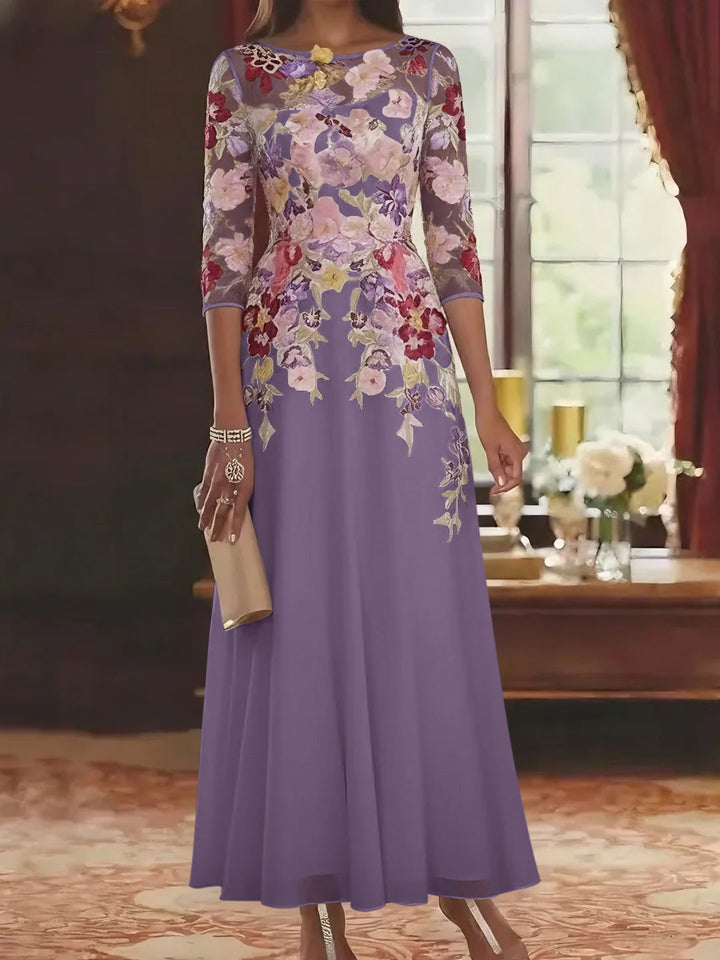 A-Line/Princess Scoop Chiffon Mother of the Bride Dresses Lace Floral Half Sleeves Ankle-Length