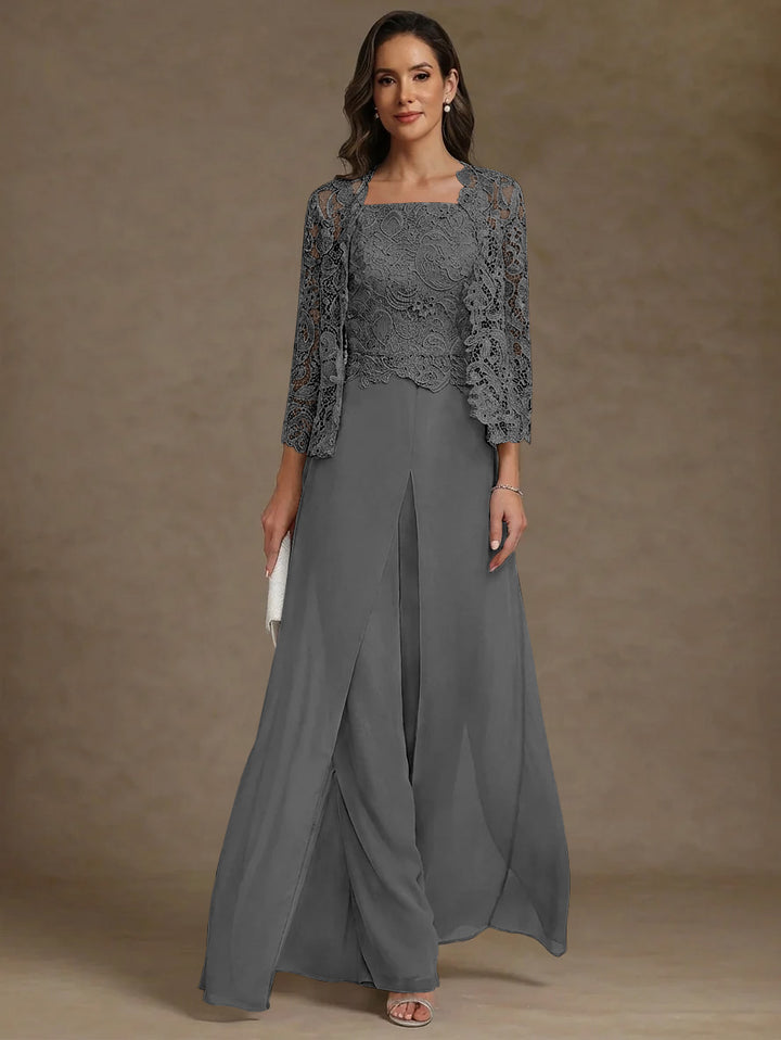 3 Pieces Square Collar Chiffon Mother of the Bride Pantsuits with Jacket Lace Ankle-Length with Overskirt Long Sleeves