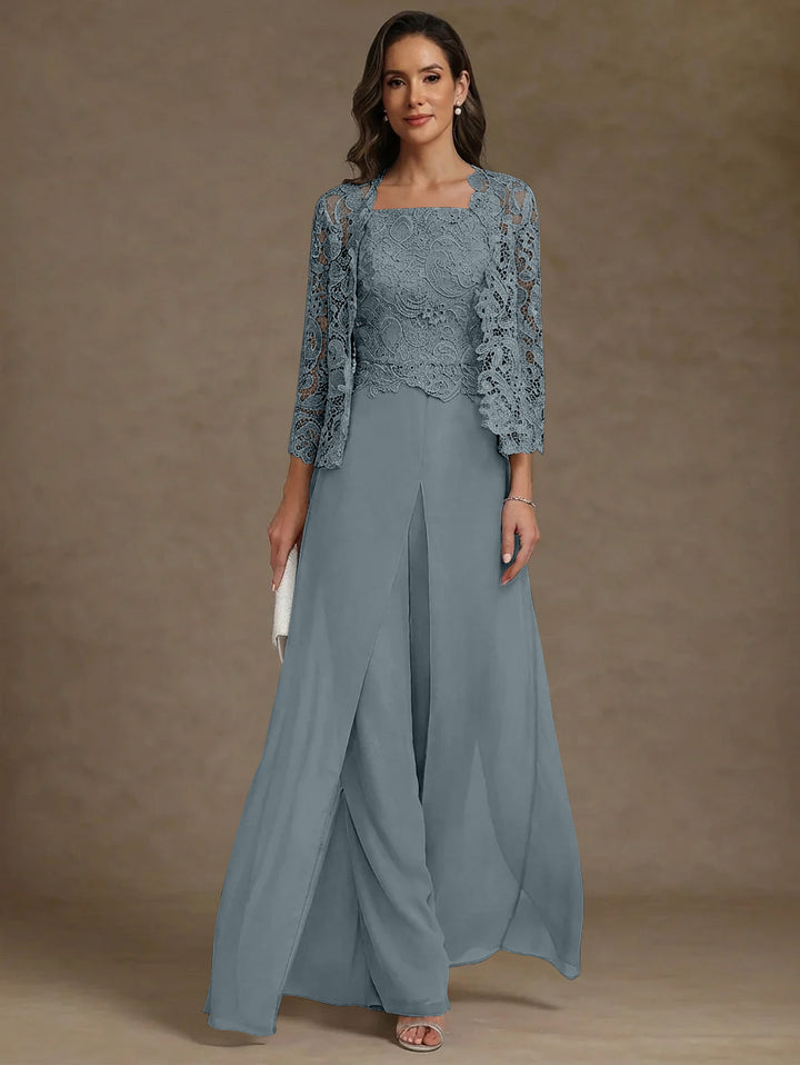 3 Pieces Square Collar Chiffon Mother of the Bride Pantsuits with Jacket Lace Ankle-Length with Overskirt Long Sleeves