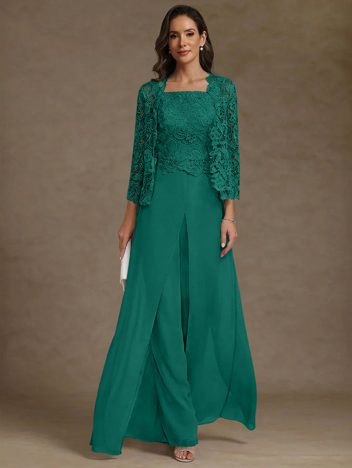 3 Pieces Square Collar Chiffon Mother of the Bride Pantsuits with Jacket Lace Ankle-Length with Overskirt Long Sleeves