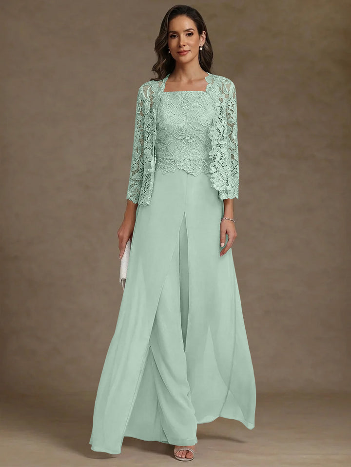 3 Pieces Square Collar Chiffon Mother of the Bride Pantsuits with Jacket Lace Ankle-Length with Overskirt Long Sleeves