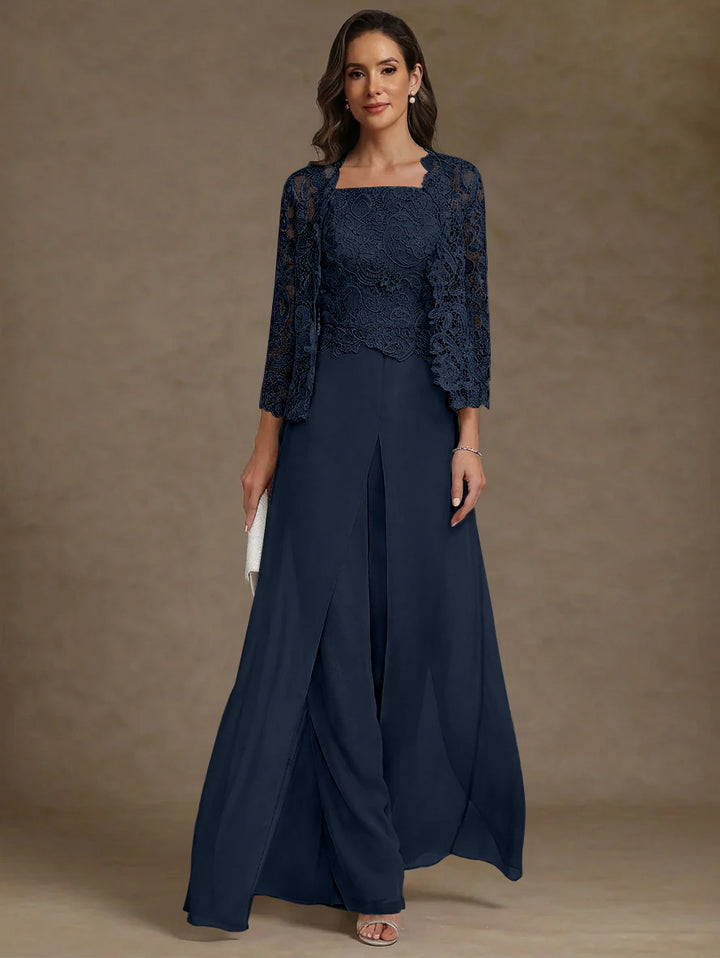 3 Pieces Square Collar Chiffon Mother of the Bride Pantsuits with Jacket Lace Ankle-Length with Overskirt Long Sleeves