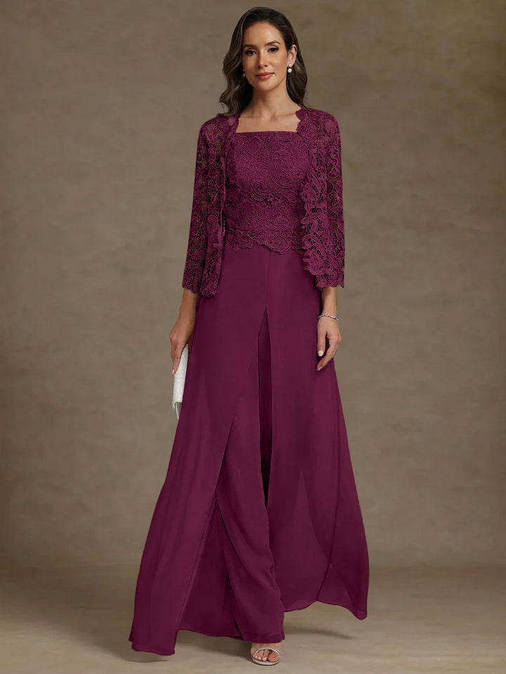 3 Pieces Square Collar Chiffon Mother of the Bride Pantsuits with Jacket Lace Ankle-Length with Overskirt Long Sleeves