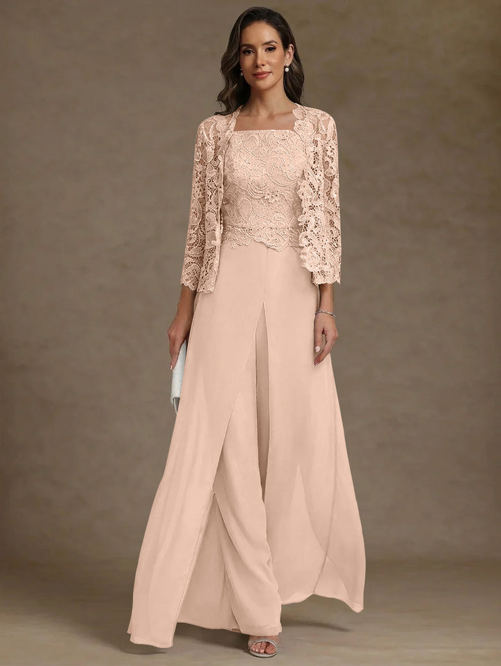 3 Pieces Square Collar Chiffon Mother of the Bride Pantsuits with Jacket Lace Ankle-Length with Overskirt Long Sleeves