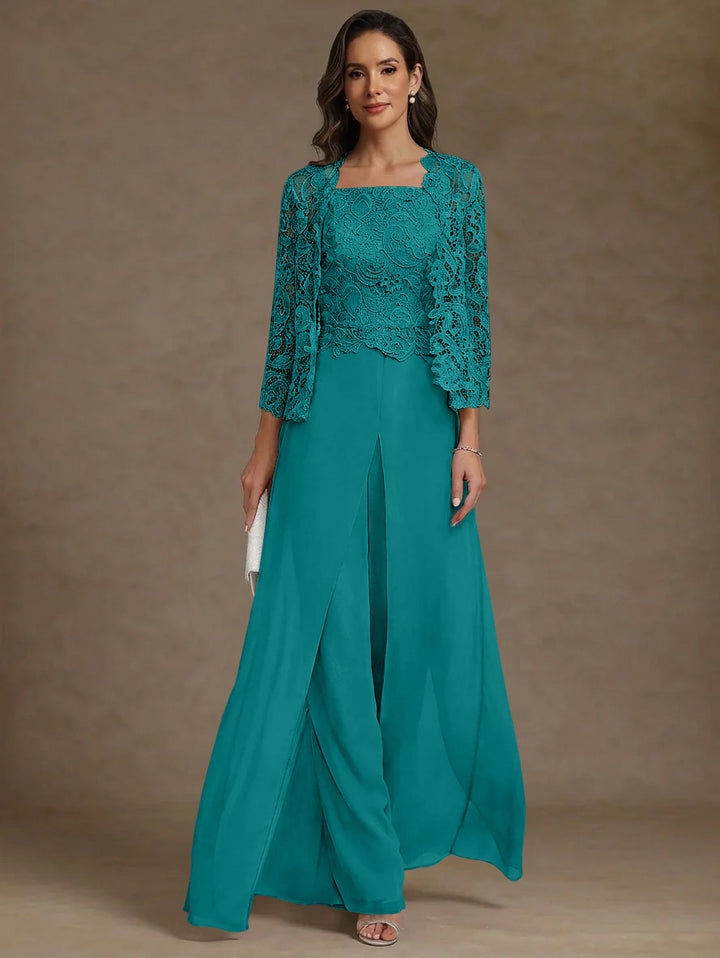 3 Pieces Square Collar Chiffon Mother of the Bride Pantsuits with Jacket Lace Ankle-Length with Overskirt Long Sleeves